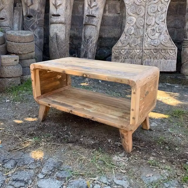 Serenityy Small Rounded Coffee Table in Brown Rustic Upcycled Teak Wood