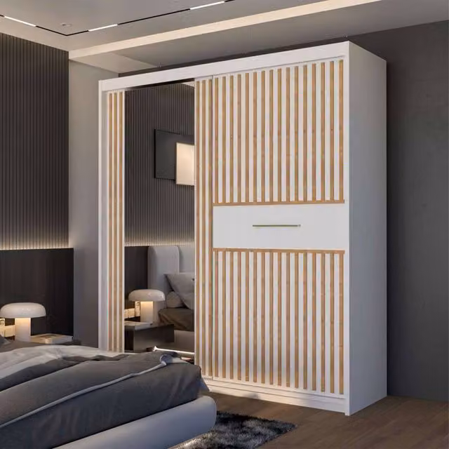 Sliding Wardrobes 4U Modern Sliding Wardrobe with LED Light, White and Black, W: 150 cm, D: 62 cm, H: 217 cm