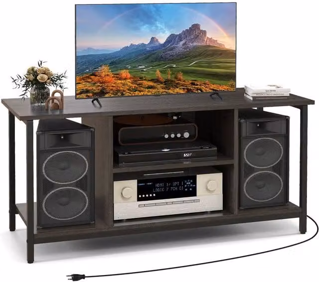 Gymax Modern 3-Tier Grey TV Stand with Power Outlet and Type-C Port