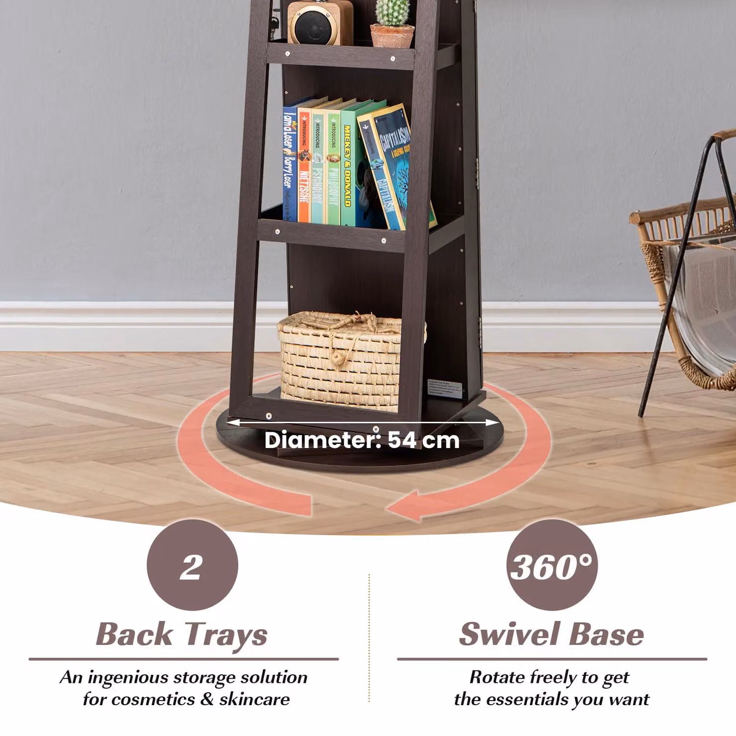 Gymax 360 Degree Rotating Jewelry Armoire with Full Length Mirror and LED Lighting in Dark Brown – 2