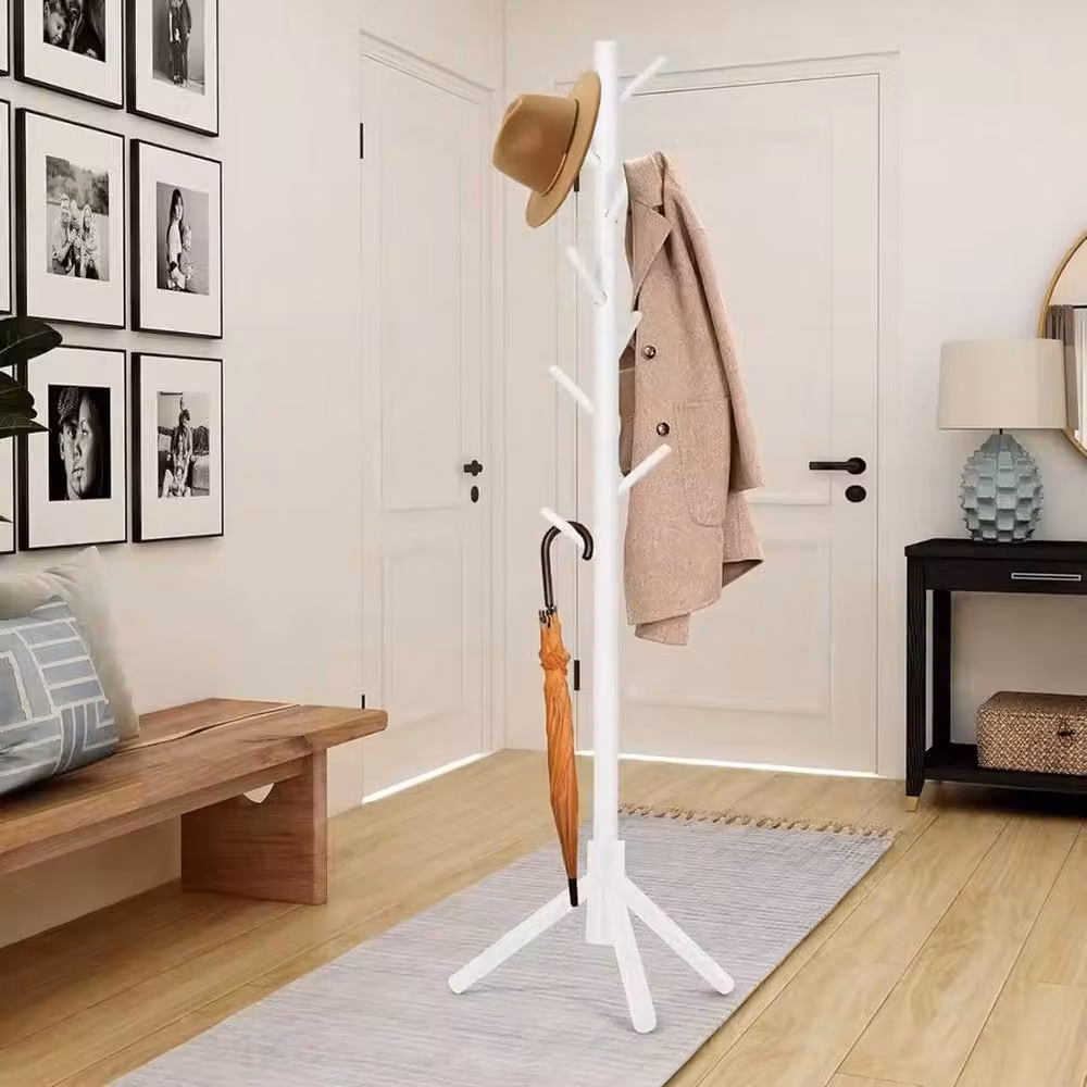 FORGEVIO White Wooden Coat Stand with 8 Hooks for Hallway or Bedroom, Width: 50 cm – 2