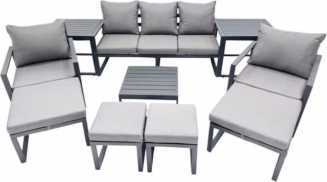 Fimous Modern Outdoor Garden Furniture Set in Dark Grey, featuring a 3-Seater Sofa, Coffee Table, Ottoman and Cushions, with Powder Coated Aluminium Frame