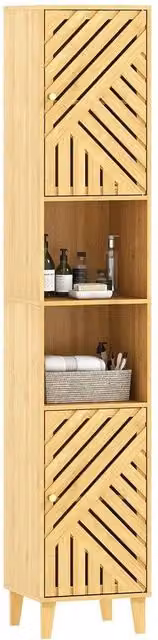 KORVIXA Slim Bathroom Storage Cabinet with Natural Bamboo Doors, Beige, W: 70 cm, H: 75 cm