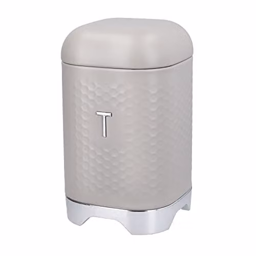 Lovello Metal Tea Container in Beige with Geometric Textured Lid, W/D/H: 11.5 x 11.5 x 19.5 cm