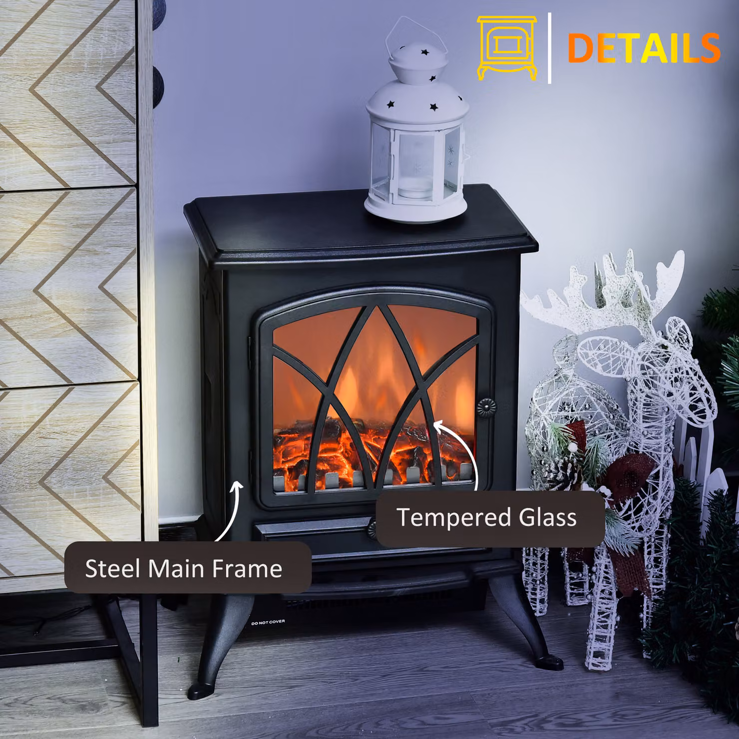 HOMCOM Free Standing Electric Fireplace Stove with Fan and Log Burning Flame Effect, 2000W, Black – 5