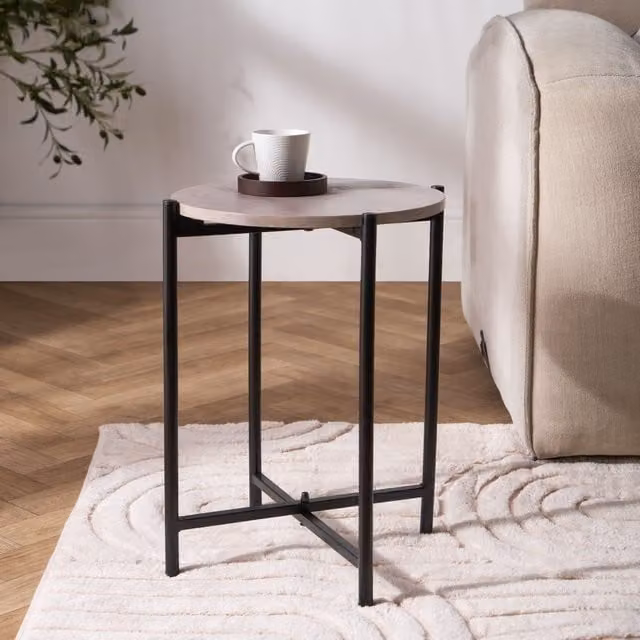 OHS Round Side Table and Nightstand with Metal Frame in Beige – 1