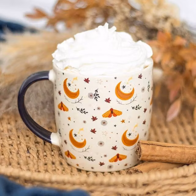Uniqueful Autumn Magic Harvest Moon Print Ceramic Mug in White and Multicolour, 550 ml