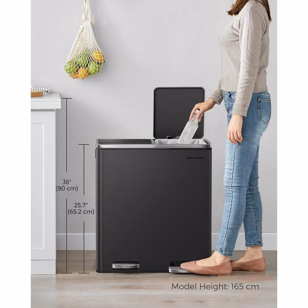 SONGMICS Dual Recycling Bin with Pedal and Multi Compartments in Black – 2