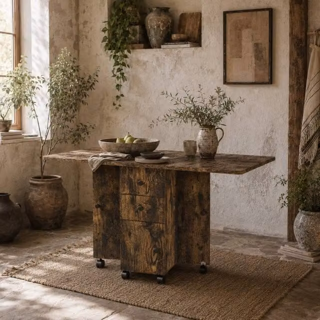 Wyld Haus Lasado Rustic Brown Drop Leaf Dining Table with Storage for 6 People