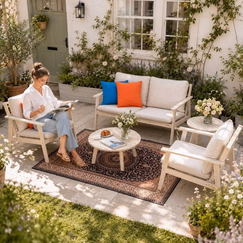 Direct Wicker 4 Piece Outdoor Furniture Set with 2 Seater Sofa and Coffee Table in Beige Acacia Wood – 3