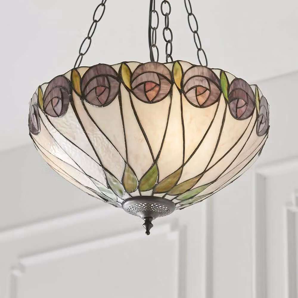 Loops Tiffany Glass 3 Light Pendant in Mackintosh Style Rose with Dark Bronze Finish and Clear Multicolour Glass – 2