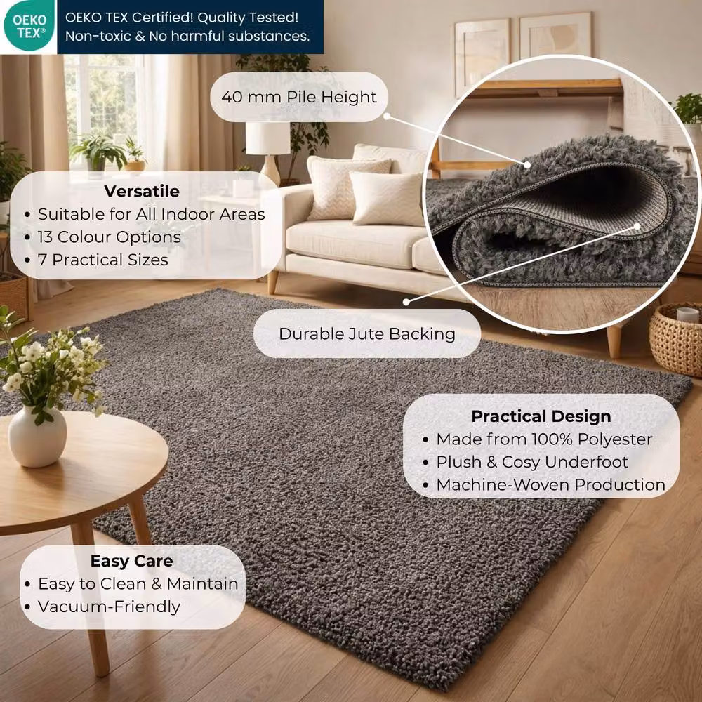 Desire Rugs Ainsley Modern Plain Rectangular Shaggy Area Rug in Grey, W: 150 cm, D: 80 cm – 2