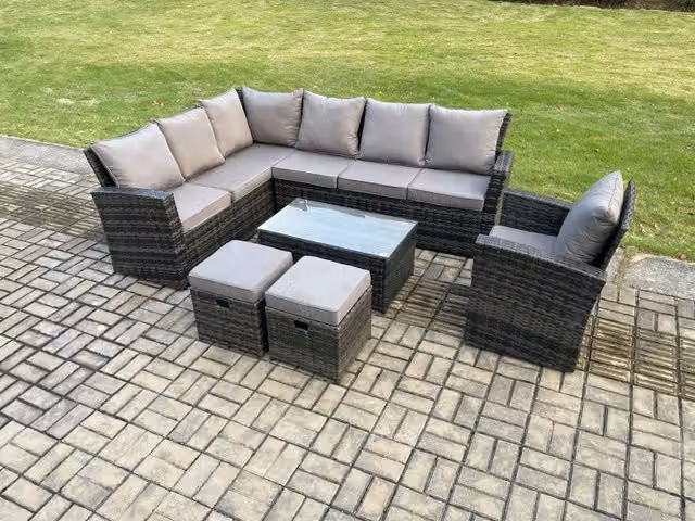 Fimous 9 Seater Rattan Garden Dining Set in Dark Grey with L-Shape Corner Sofa, Rectangular Coffee Table and 2 Footstools