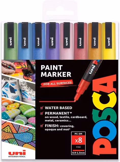 POSCA PC-3ML Glitter Paint Marker Art Pens, Set of 8, Multicolour