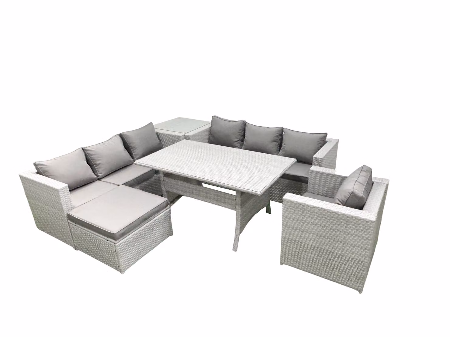Fimous 6 Piece Outdoor Rattan Sofa Set with Cushions, Armchair, Dining Table, Side Table and Footstool in Light Grey – 2