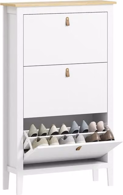 HOMCOM Modern White 3 Drawer Shoe Cabinet with Tilting Compartments and Hinged Doors for Hallway and Entryway
