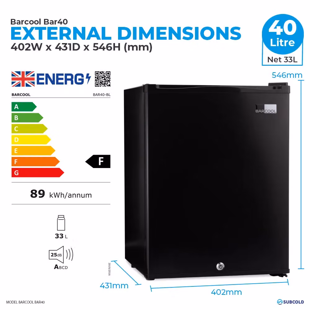 Subcold Barcool Bar40 LED Thermoelectric Mini Fridge in Black with LED Interior Light and Lockable Door – 4