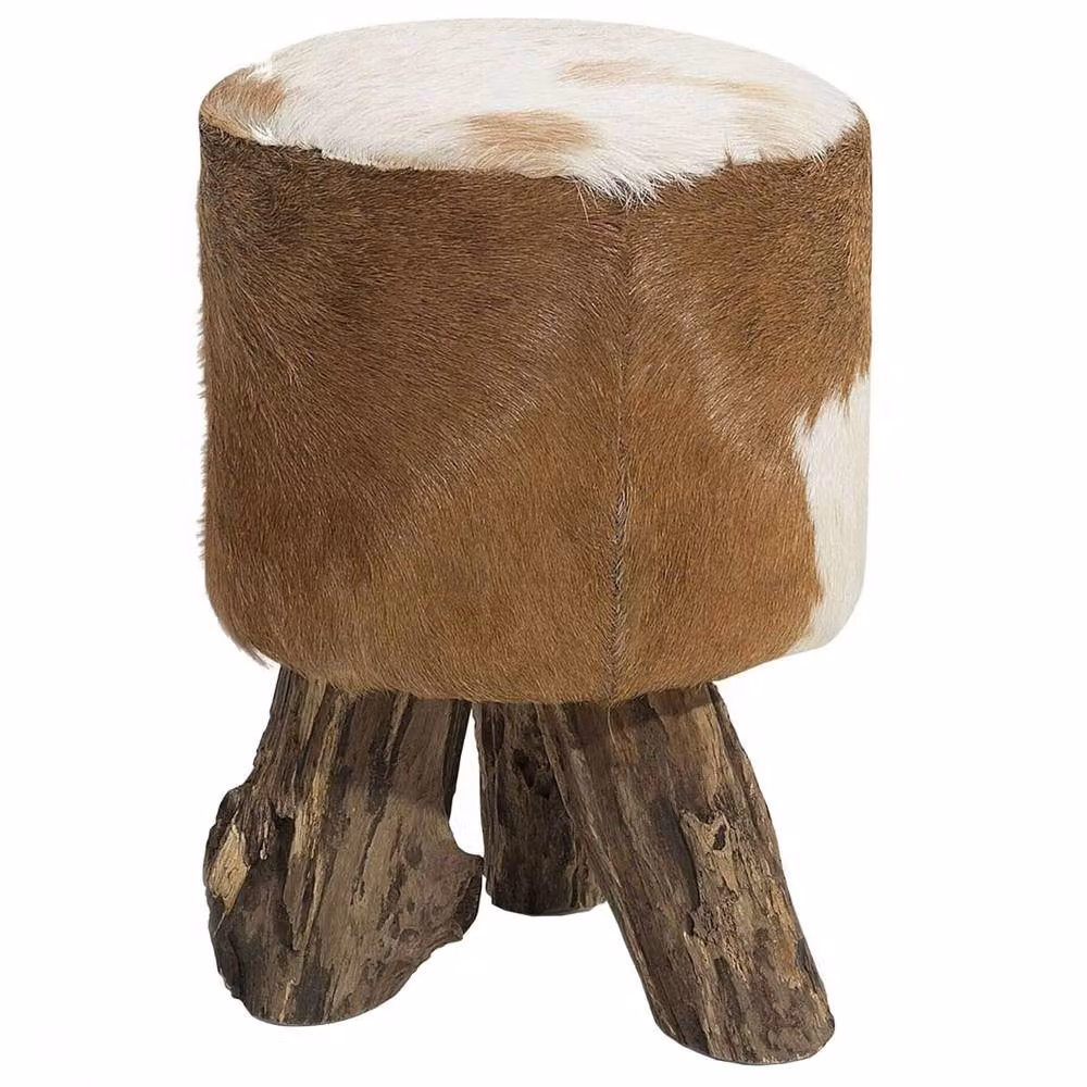 Wyld and Coco Rustic Brown Goatskin Leather Footstool with Teak Wood Tripod Legs – 2