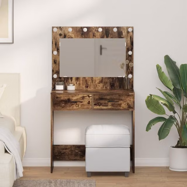 Berkfield Home Smoked Oak Dressing Table with Hollywood LED Lights, Brown, W: 78.5 cm, D: 41 cm, H: 135 cm – 1