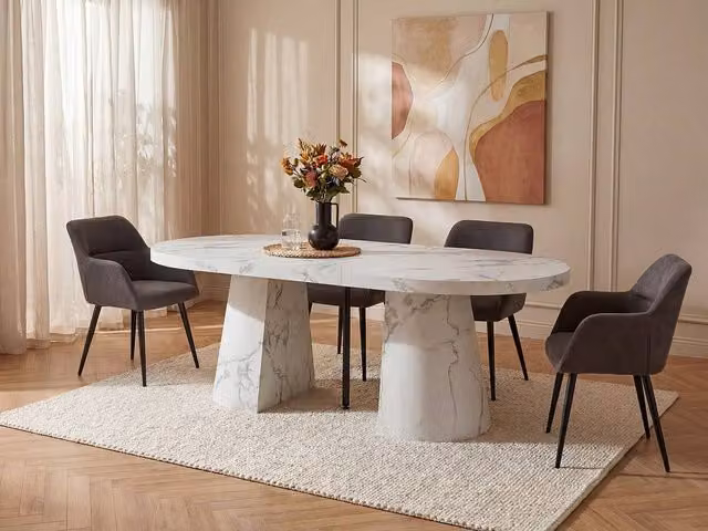 Vente-unique Extendable Dining Table, 6 to 12 Seater, White Marble Effect MDF – 1