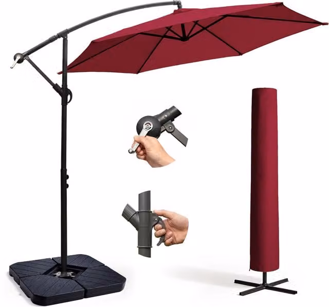 Keplin Red Cantilever Garden Parasol with Cover and 4pc Fillable Base Set