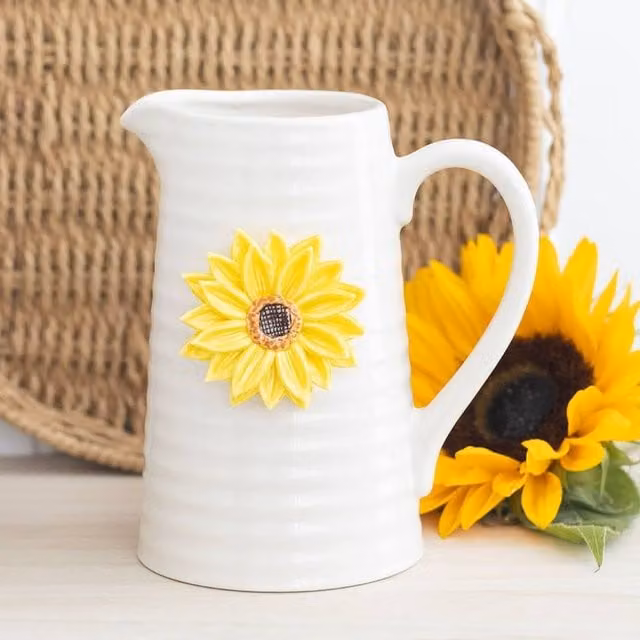Uniqueful Hello Sunshine Ceramic Flower Jug with 3D Sunflower in White and Multicolour, Height: 15 cm – 1