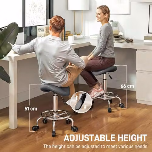 HOMCOM Grey PU Leather Adjustable Rolling Saddle Stool for Spa and Salon – 4