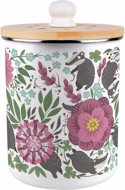 Purely Home Floral Badgers Food Waste Caddy, 2L Metal Kitchen Compost Bin with Flip Lid, Purple, Pink and Multicolour