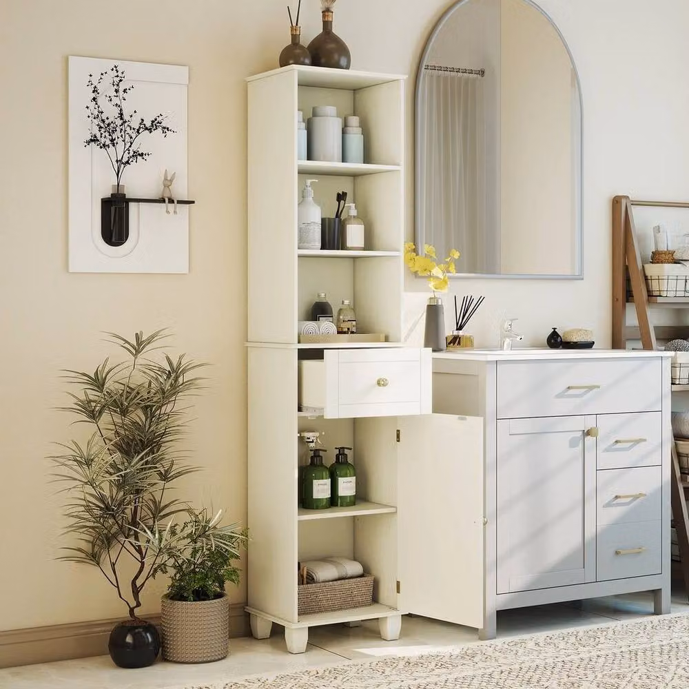 KORVIXA Freestanding White Bathroom Cabinet with Internal Shelves and Hinged Doors, Height: 172 cm – 3