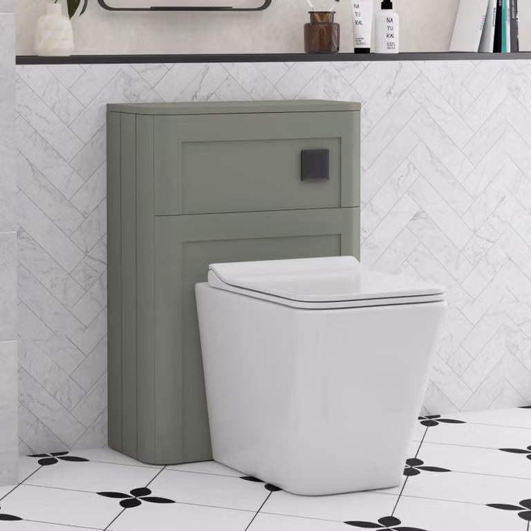 Royal Bathrooms Henley Sage Green Wall Mounted WC Unit with Elena Rimless Ceramic Toilet Pan, Slim Soft Close Seat and Cistern, Width: 55 cm