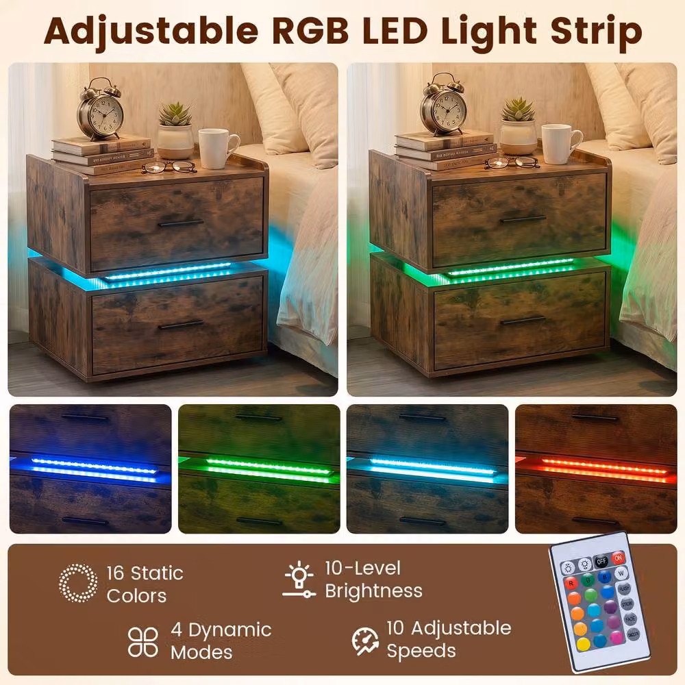 Gymax Brown Semi-floating Bedside Table with Charging Station and LED Lights – 5
