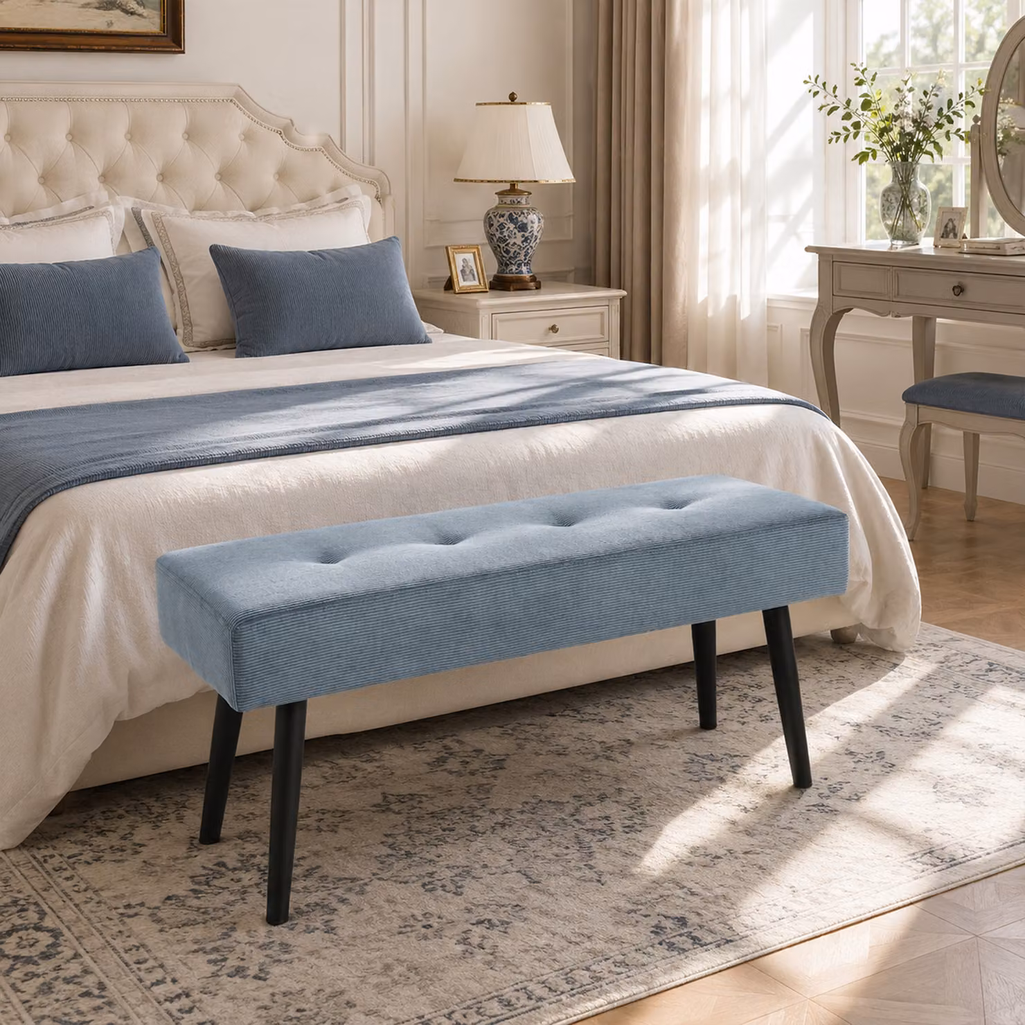 HOMCOM Modern Corduroy Upholstered Bedroom and Hallway Bench with Metal Legs, Blue – 2