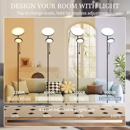 HOMCOM Black LED Floor Lamp with Remote Control, Dimmable Uplighter and Timer for Living Room – 4