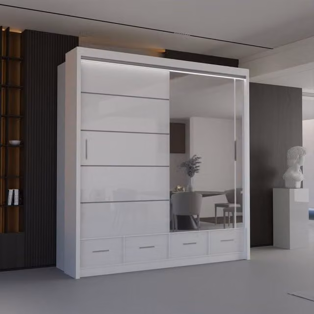 Sliding Wardrobes 4U Luxury High Gloss Sliding Wardrobe with Integrated LED Lighting, White, W: 208 cm, H: 220 cm – 1