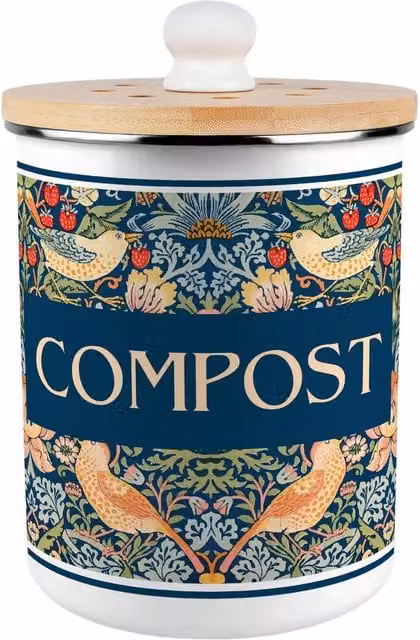 Purely Home Strawberry Thief Metal Compost Caddy with Flip Lid, 2L, Blue