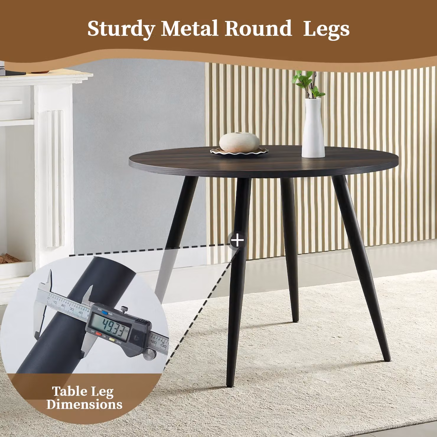 SONARA Round Dining Table in Brown Walnut with Wood and Metal Legs, Diameter: 100 cm, Height: 75 cm – 4