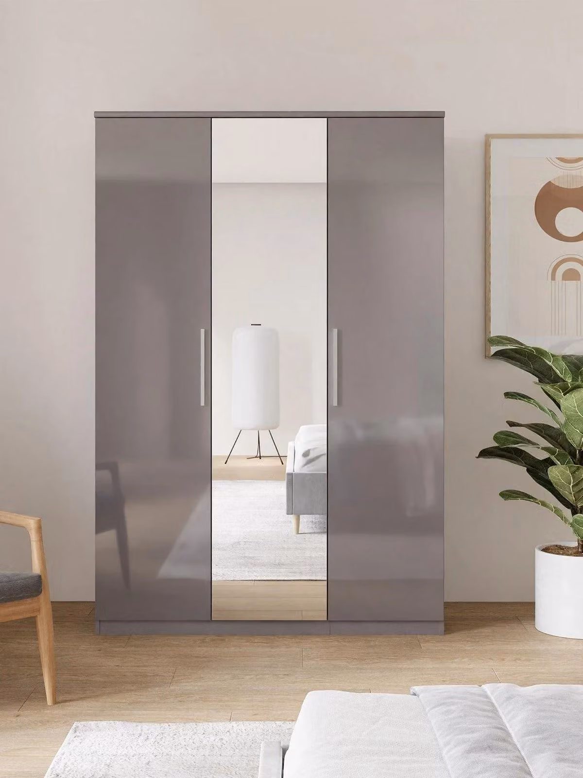 Prague Gloss 3 Door Mirrored Wardrobe in Grey with Internal Shelves and Hanging Rod, H 197 x W 120 x D 53 cm