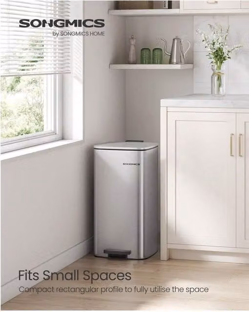 SONGMICS 30L Soft Close Steel Pedal Bin with Removable Inner Bucket, Silver, H 42.1 cm x W 28.5 cm x D 30 cm