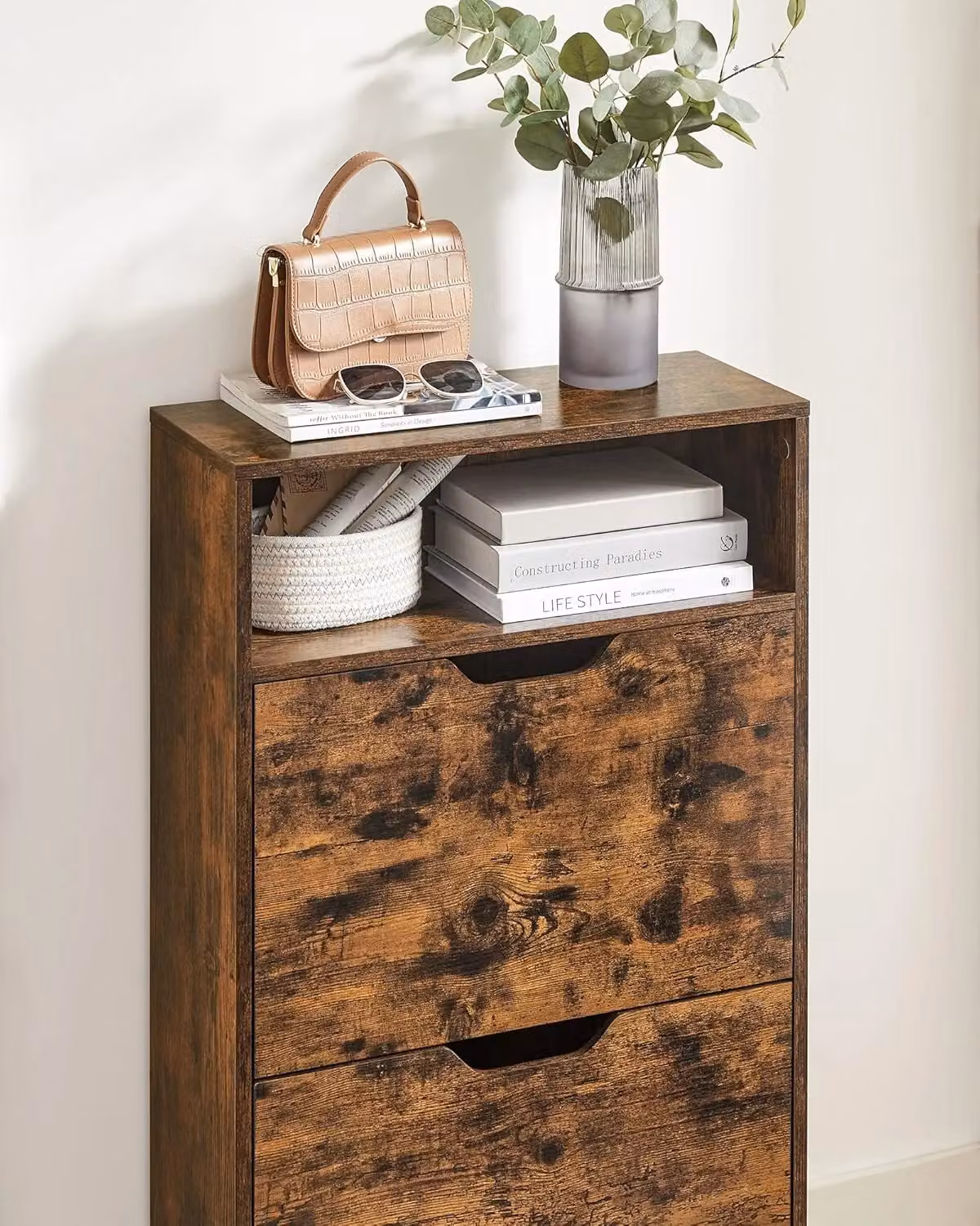 VASAGLE Industrial Shoe Cabinet in Brown with Tilting Compartments and Open Top Shelf – 3