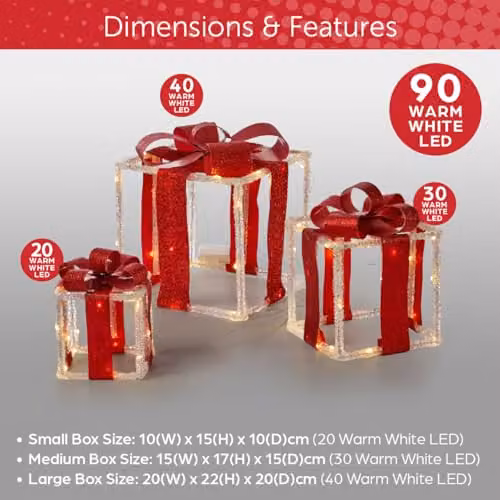 The Christmas Workshop Light-Up Gift Boxes, Set of 3, White and Red with Warm White LED Lights and Timer Function, Battery Powered, W/D/H: 22.0 x 20.0 x 20.0 cm – 2
