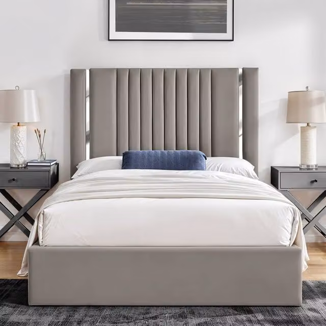 UK Bed Furniture Valencia Upholstered Slatted Base Bed with 48 Inch Panel Headboard in Light Beige, Size: Single (W/D/H: 90 x 190 cm)