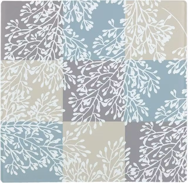 Purely Home Checked Leaves Large Square Glass Worktop Protector and Chopping Board in Blue, Beige and White
