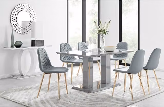 FurnitureboxUK Imperia Grey Glass Dining Table and 6 Corona Gold Leg Chairs