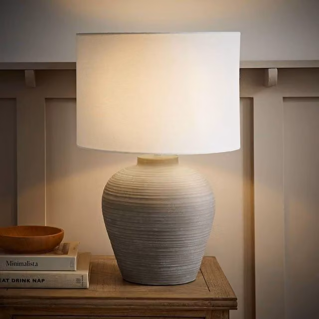 Reid Large Ribbed Ceramic Table Lamp with White Fabric Drum Shade in Grey