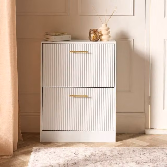 OHS Modern Ribbed 2-Drawer White Flip Down Shoe Cabinet for Hallway Storage