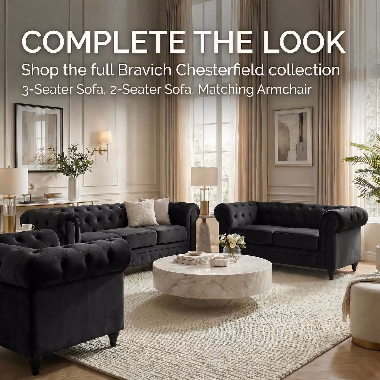 Bravich LTD Chesterfield 3 Seater Velvet Sofa in Black – 5