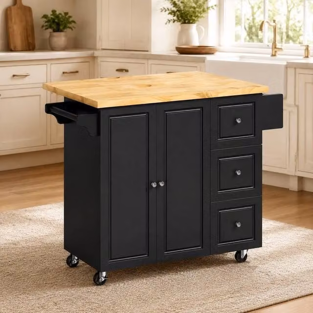 STILVORA Modern Black Kitchen Island with Rubberwood Drawers and Drop Leaf – 1