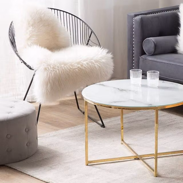 Wyld and Coco Round White and Gold Marble-Effect Coffee Table with Glass Top – 1