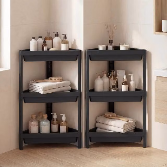 Costway 2-Piece Black 3-Tier Detachable Corner Shower Caddy Freestanding Bathroom Standing Shelves – 1