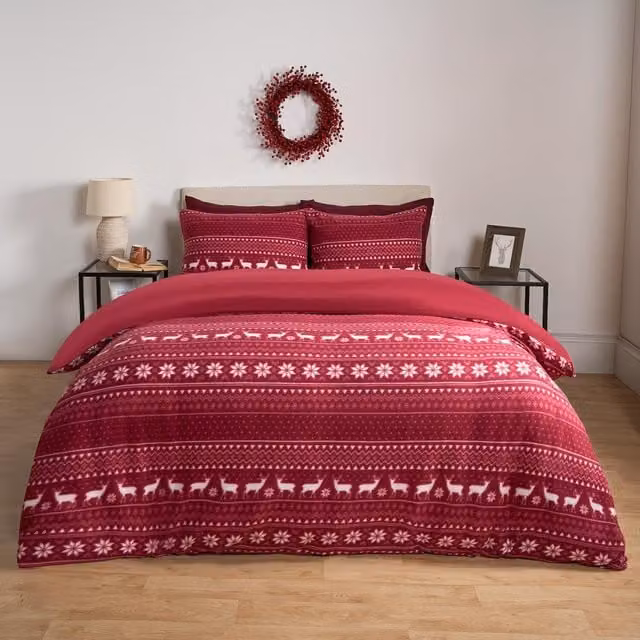 OHS Red Scandinavian Christmas Fleece Duvet Set, 180 x 200 cm